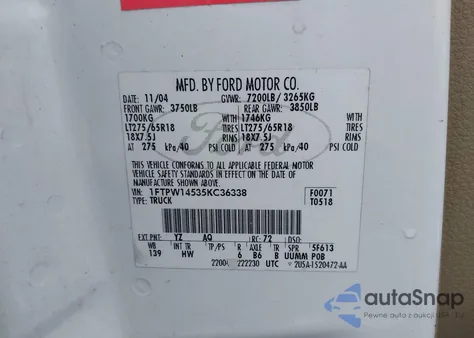 2005 Ford F-150 Fx4/Lariat/Xlt z USA, uszkodzony, nr VIN 1FTPW14535KC36338